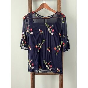 Harlow Rose Embroidered Mesh Top Bell Sleeve Blouse Semi Sheer Navy Size S